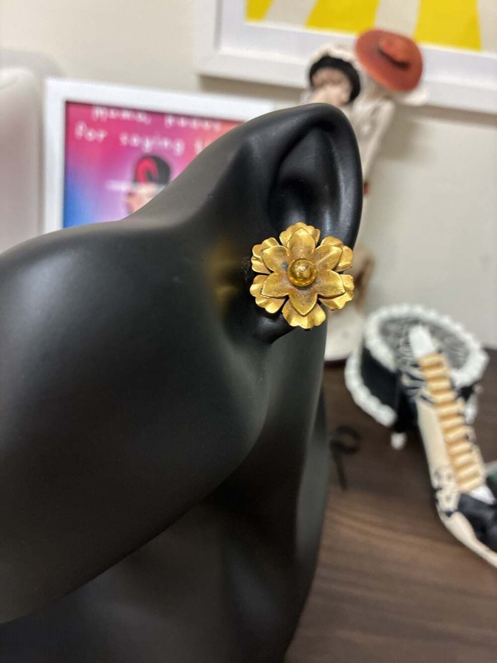 Vintage Symmetalic Mexican Silver Floral Screw Back Earrings Gold Wash